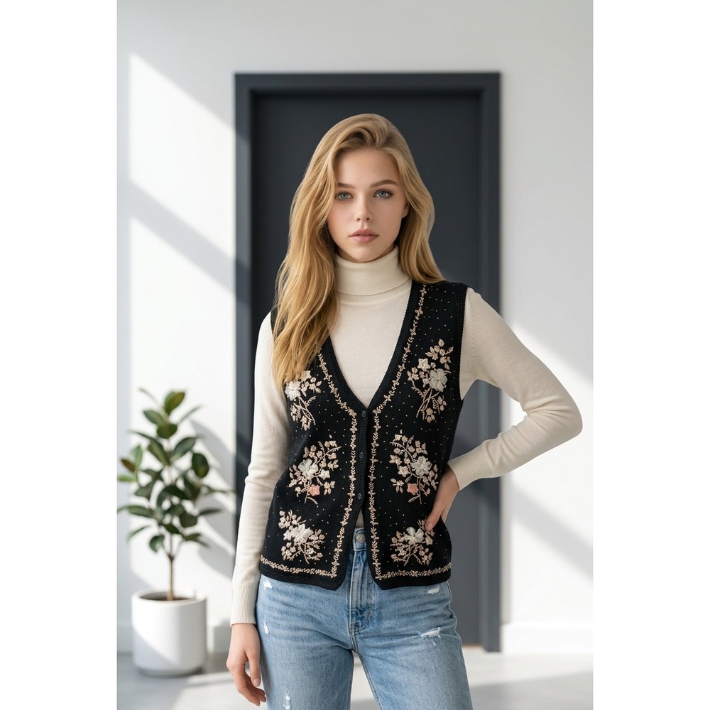 Vtg Worthington Black Knit Sweater Vest Floral Embroidered Sequin Button Front M